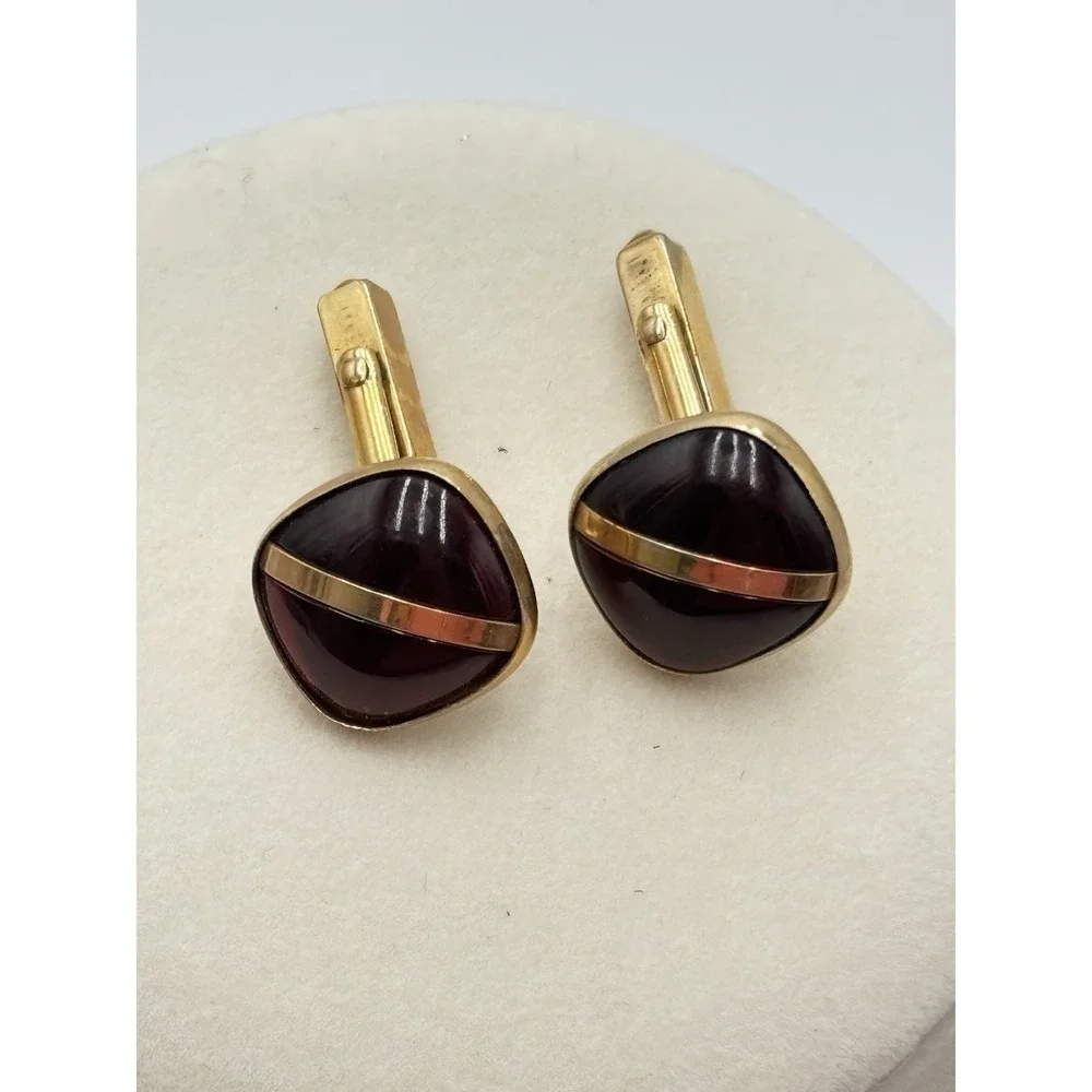 Swank Vintage Cufflinks Gold Tone Burgundy Cabochon Glass Mens Mid Century Retro
